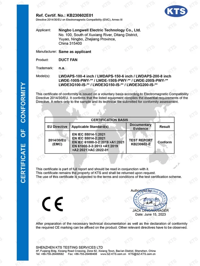Duct Fans - CE EMC Certificate document preview