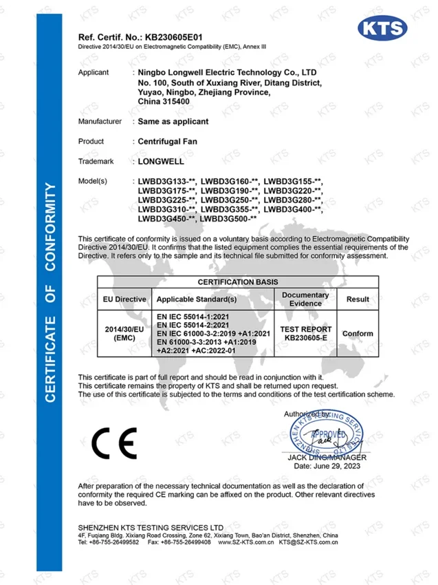 LWBD3G Centrifugal Fans - CE EMC Certificate document preview