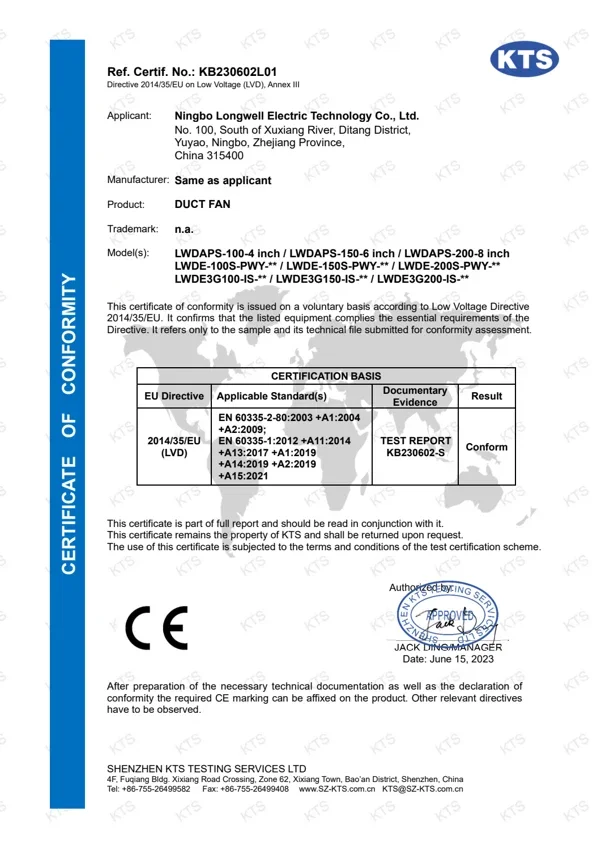 Duct Fans - CE LVD Certificate document preview