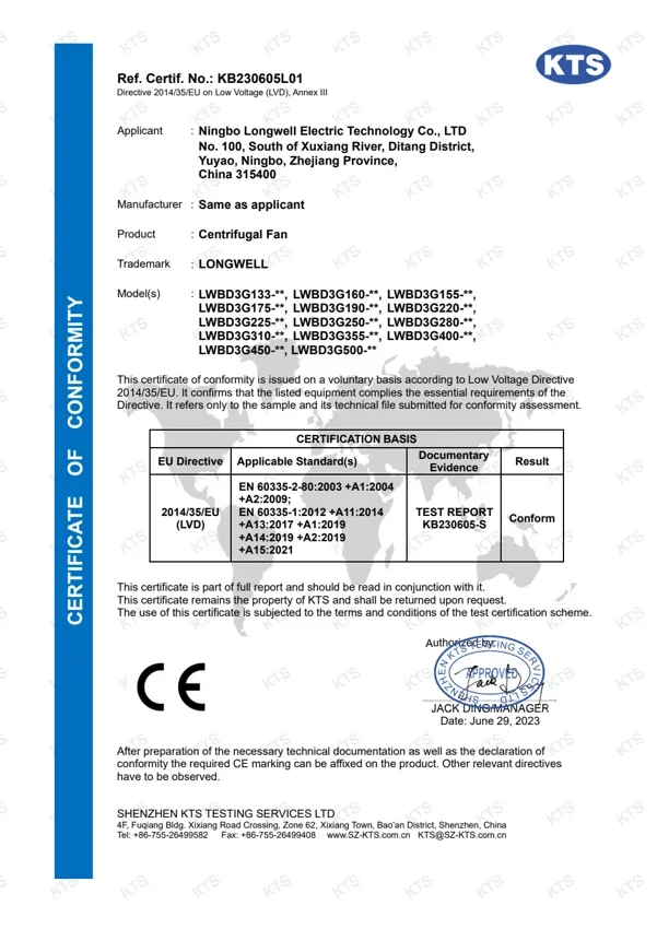 LWBD3G Centrifugal Fans - CE LVD Certificate document preview