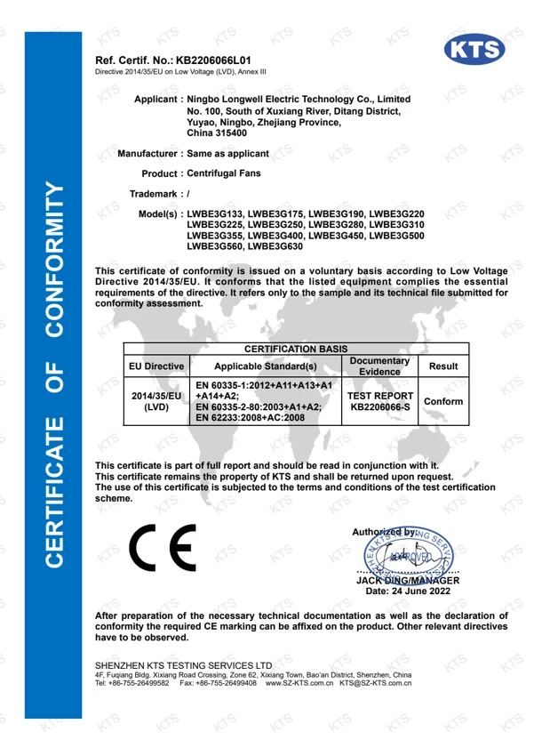 KTS voluntary CE certificate of conformity scan (Low Voltage Directive), KB2206066L01