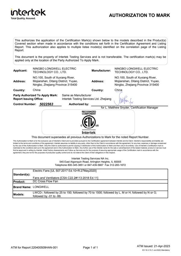 DC Cross-Flow Fans - ETL Authorization to Mark document preview