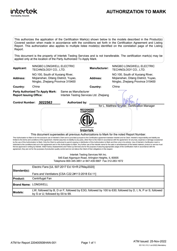 Intertek ETL Authorization to Mark scan, control number 5022563