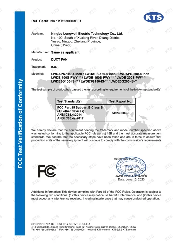 Duct Fans - FCC Test Verification of Conformity document preview
