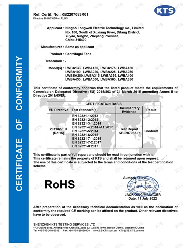 LWBA Centrifugal Fans - RoHS Certificate document preview