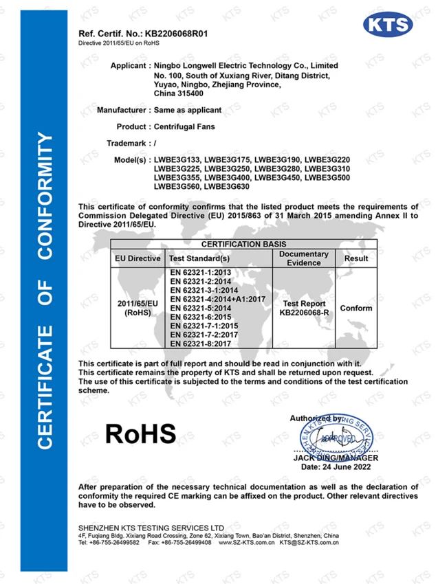 LWBE3G Centrifugal Fans - RoHS Certificate document preview
