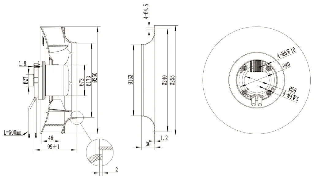250-072NU-32 Backward Curved Centrifugal Fans drawing