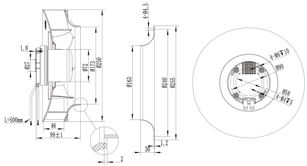 250-072NU-33 Backward Curved Centrifugal Fans drawing