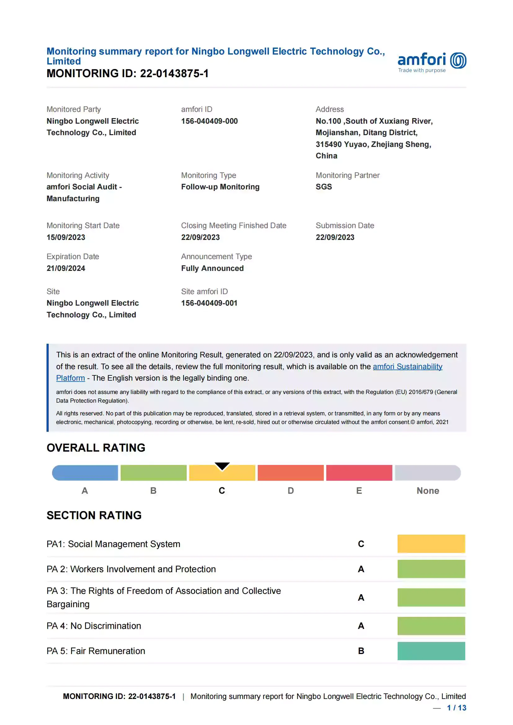 Certificat de conformité sociale LONGWELL BSCI
