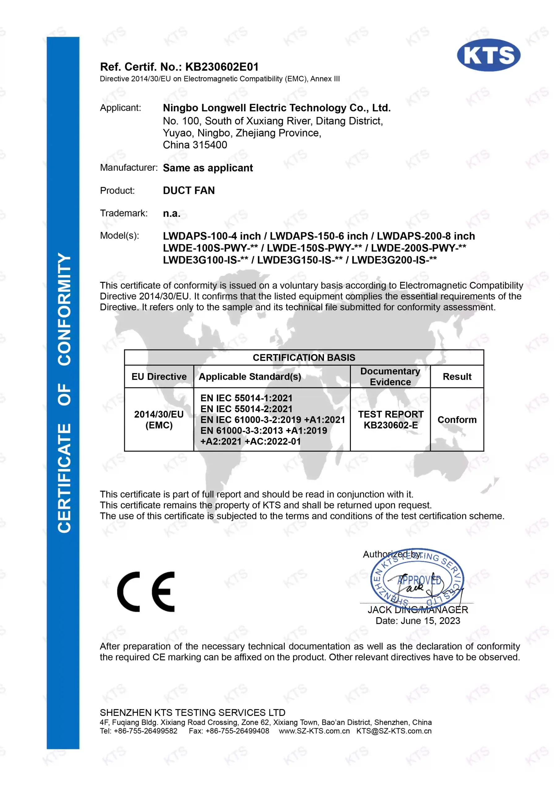 Certificat de marquage CE LONGWELL