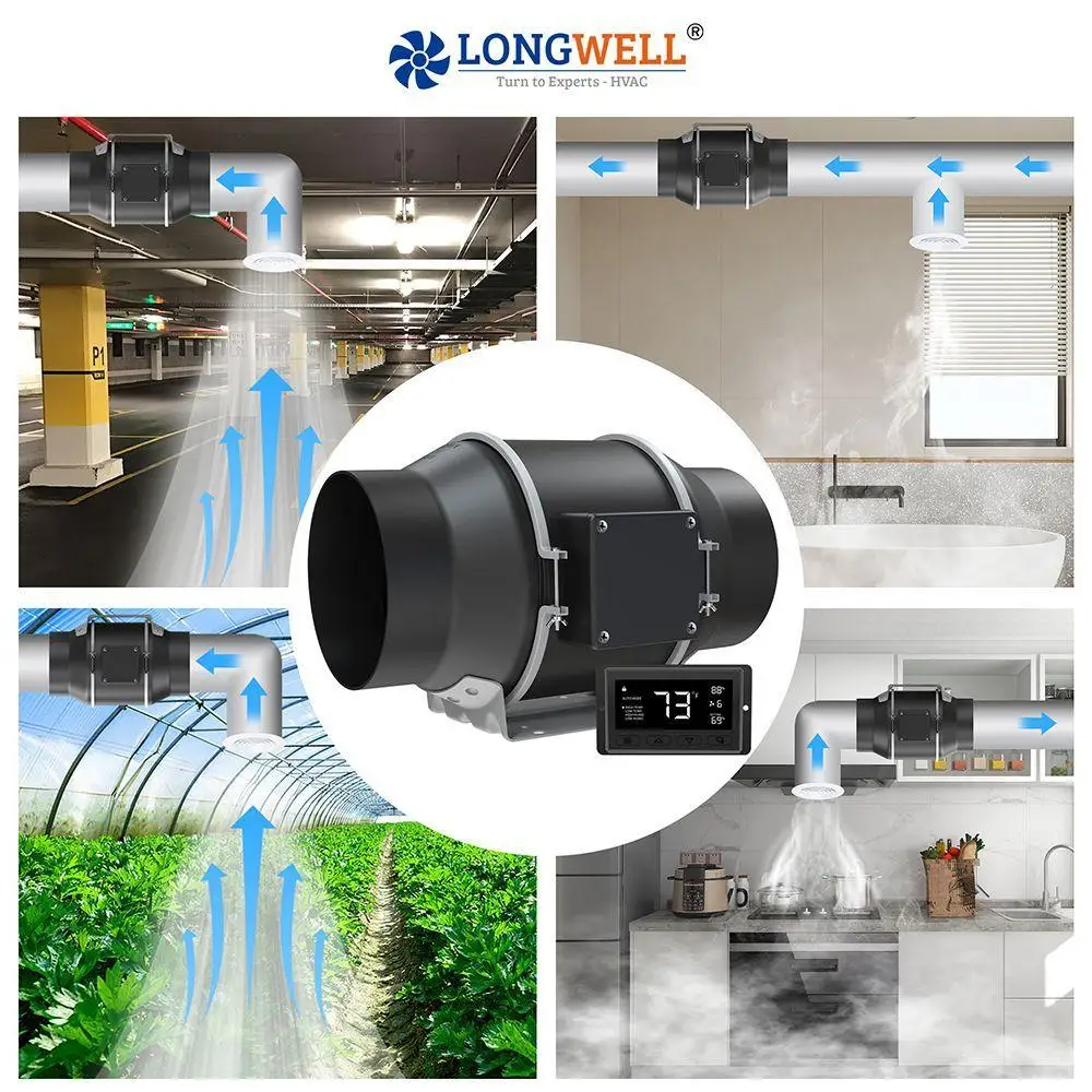 Longwell EC Smart Duct Fan with digital controller for hydroponic, greenhouse, kitchen, bathroom, and garage HVAC ventilation.