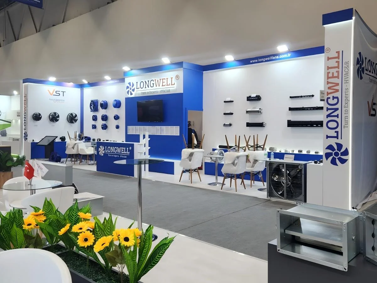 Longwell HVAC&R exhibition booth displaying EC fans and air conditioning components, designed to meet Europe's strict demands.