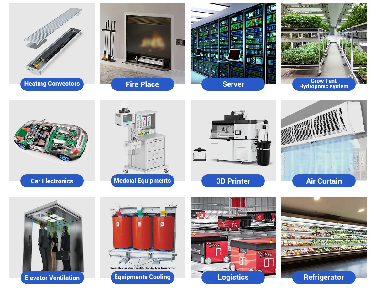 Cross flow fan applications in heating, cooling, and ventilation for servers, medical equipment, air curtains, automotive, and commercial refrigeration.