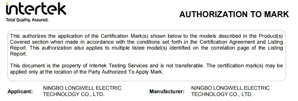 Intertek Authorization to Mark document for NINGBO LONGWELL ELECTRIC TECHNOLOGY CO., LTD., supporting safety and compliance of axial fans for HVAC projects.