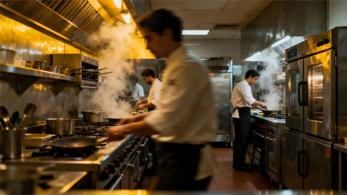 A cinematic shot of a busy commercial kitchen during dinner rush, chef using a wok with a large flame