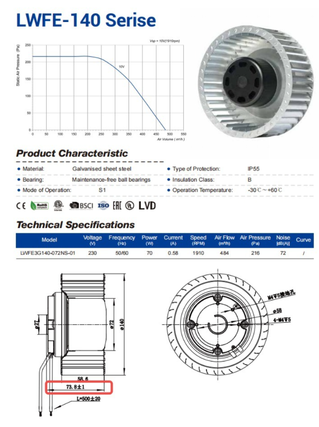 140mm EC Forward Centrifugal Fan in a 73.8mm Enclosure