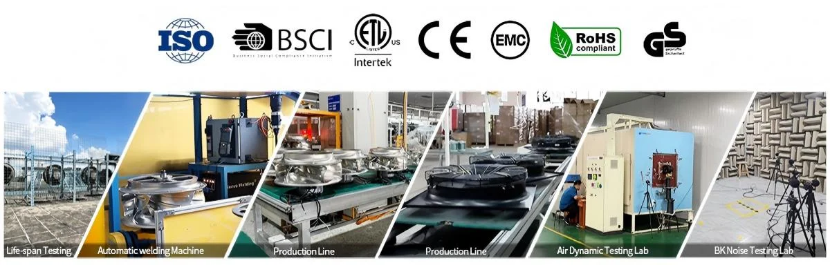 External rotor fan manufacturing, quality testing (lifespan, air dynamic, noise), and international certifications (ISO, CE, RoHS).