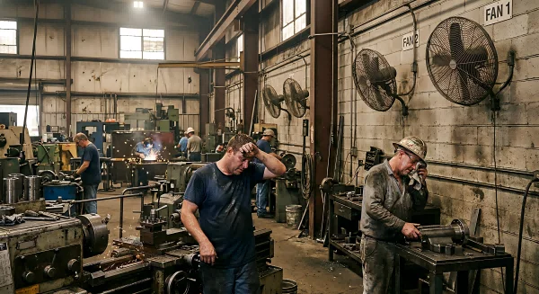 industrial factory workshop overheating, workers sweating, wall mounted axial fans stopped, hot environment 42 degrees, realistic lighting, slightly dirty factory, cinematic, documentary style