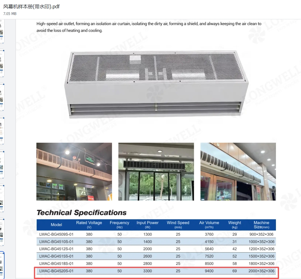 industrial air curtain specifications showing 3300 W input power