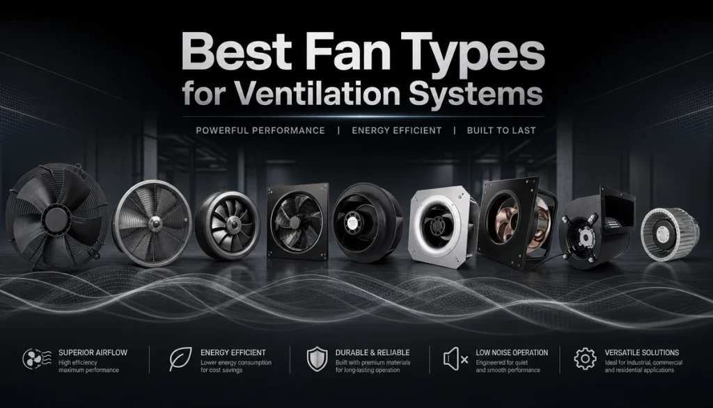 Best Fan Types for Ventilation Systems, showcasing various axial, centrifugal, and inline fans for powerful, energy-efficient, and quiet operation in industrial, commercial, and residential settings.