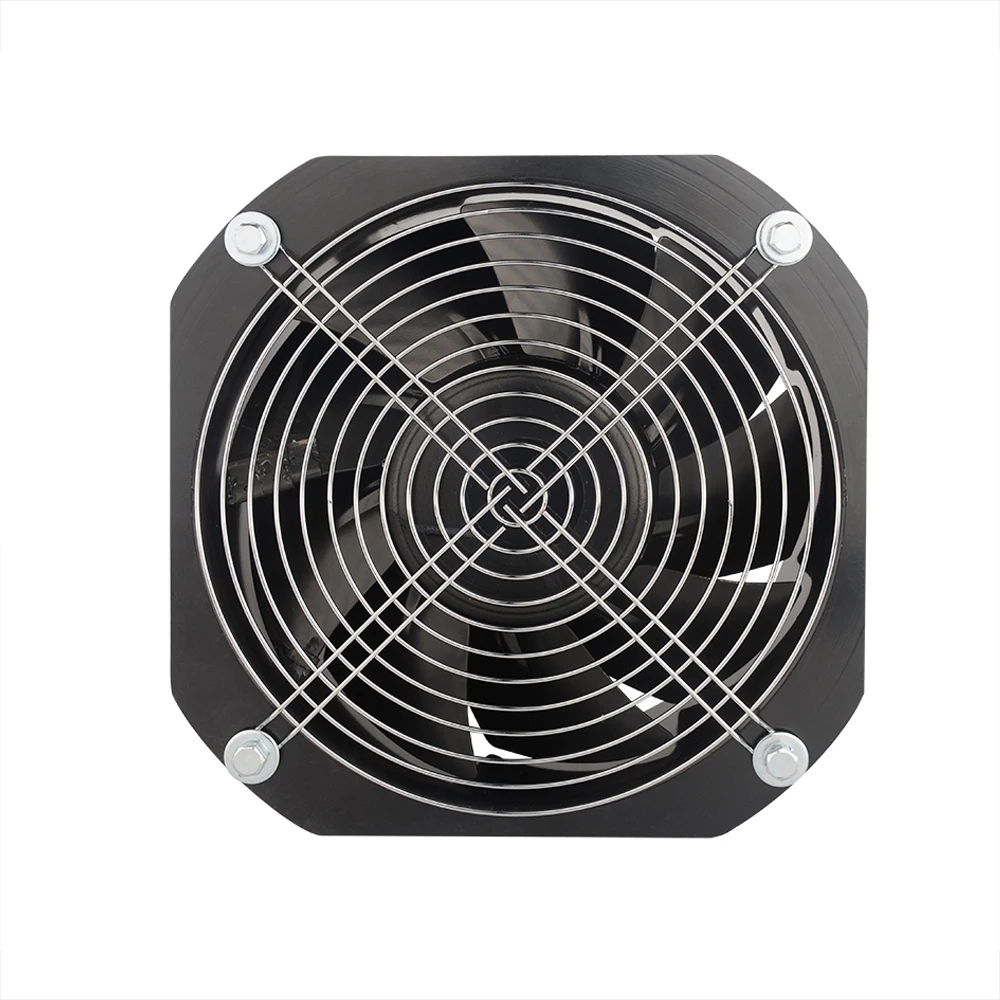Black axial fan with protective grille for ventilation systems