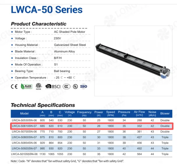 Technical drawing of Longwell LW-50610-01 cross-flow fan housing with 610mm impeller