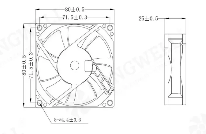 Mechanical drawing of 80x80x25mm DC fan LWAD8025LX-28