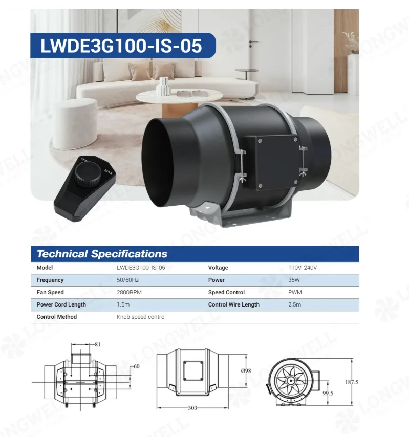 Longwell LWDE3G100-IS-05 EC circular duct fan with controller