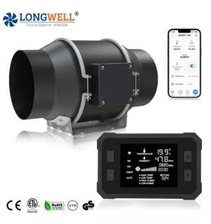 LONGWELL Quiet 8'' 830 CFM EC In-line Duct Fan with WiFi Integrated App Controller Temperature Humidity Control Exhaust Duct Fan