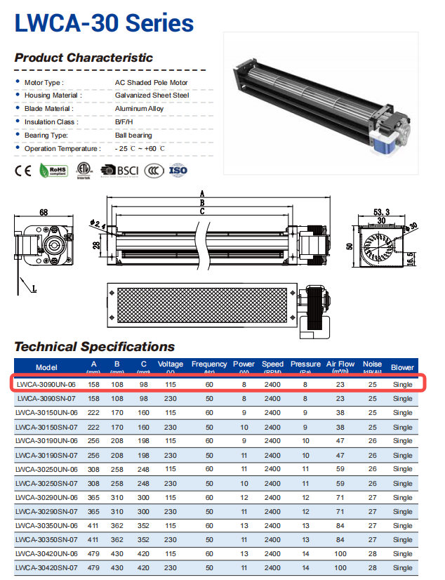 Longwell LWCA-3090UN-06 cross-flow fan for appliance cooling with 23 m3/h airflow