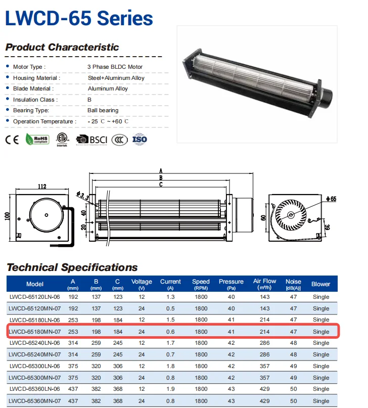 Longwell LWCD-65180MN-07-37 customized 24V DC cross flow fan with wire guard.