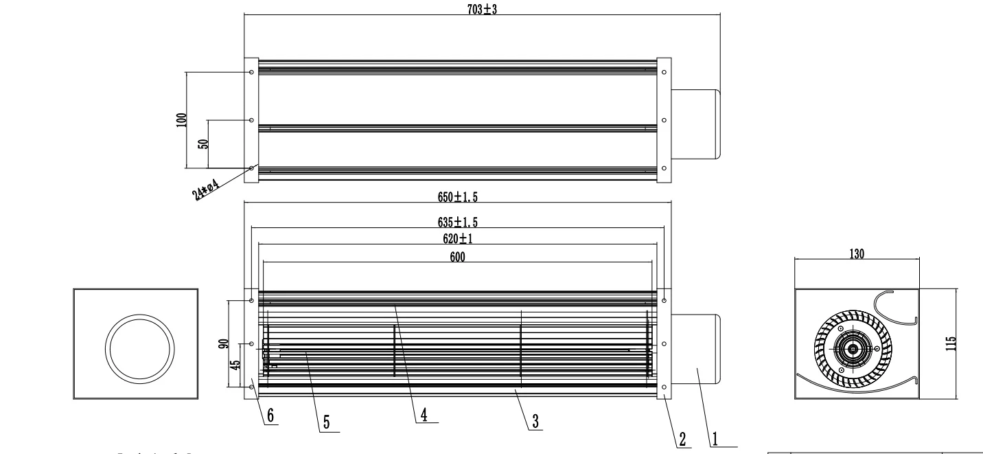 Dimensional drawing of Longwell LWCE-100 series 100mm cross-flow fan