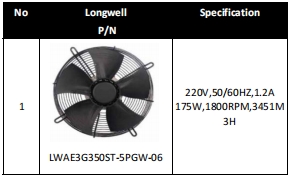 A 350mm EC axial fan spec sheet for a blowing-configuration condenser variant