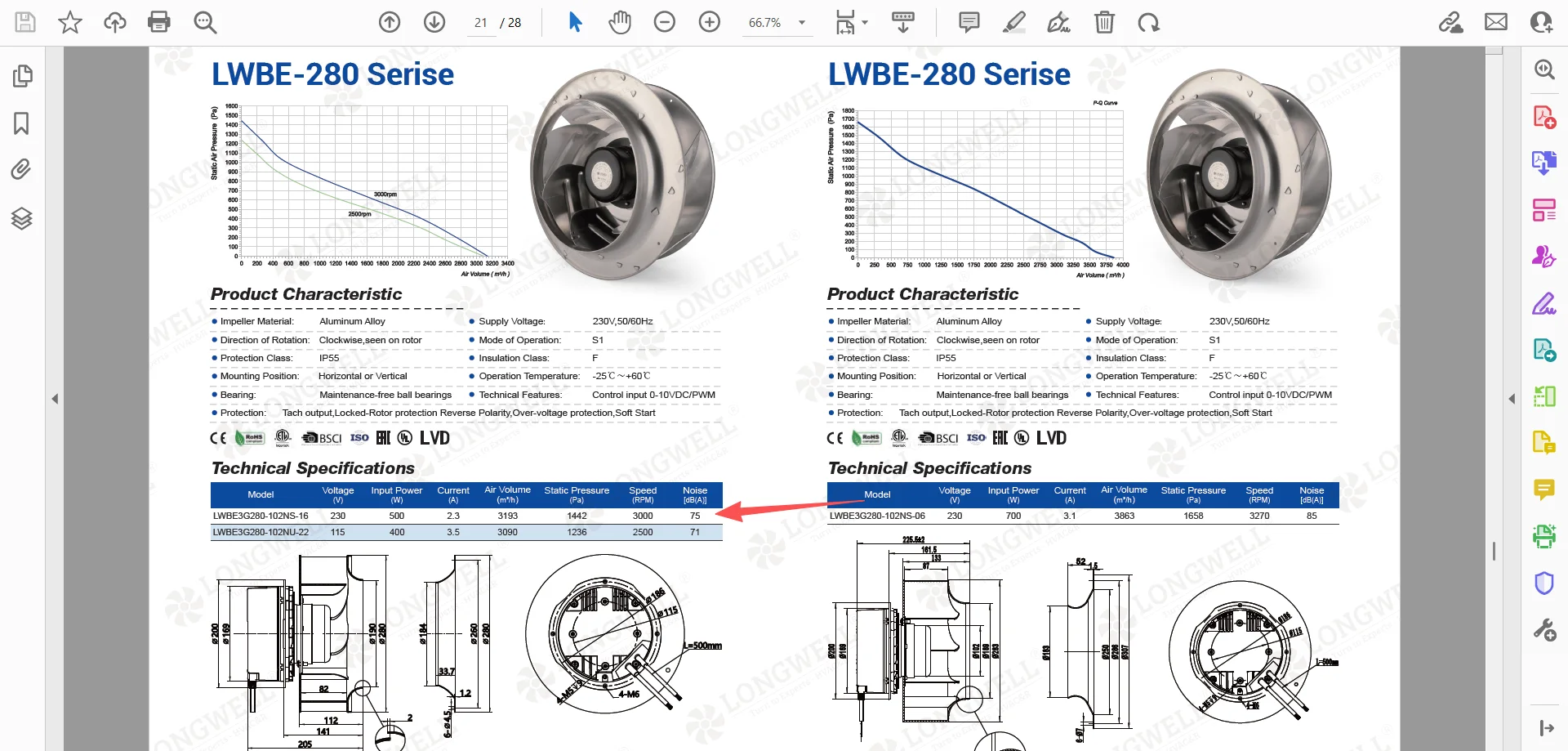Longwell LWBE3G280-102NS-16 EC backward-curved centrifugal fan with 1442 Pa static pressure