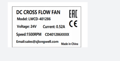 Label for Longwell LWCD-401286 DC cross flow fan showing 24V input and CE mark