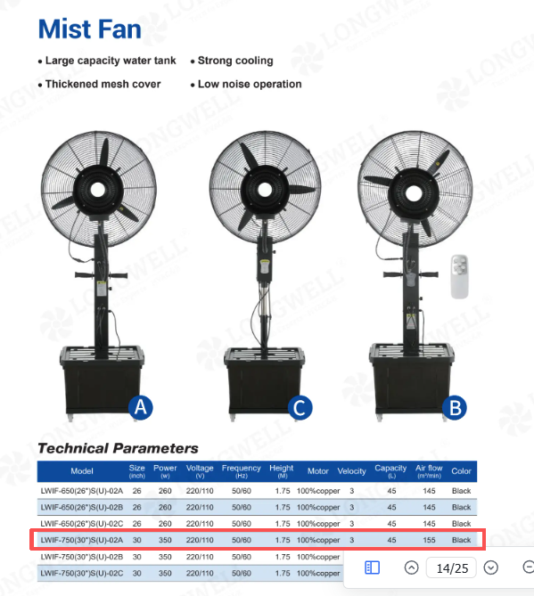 30-inch commercial misting fan with an integrated 45 liter water tank