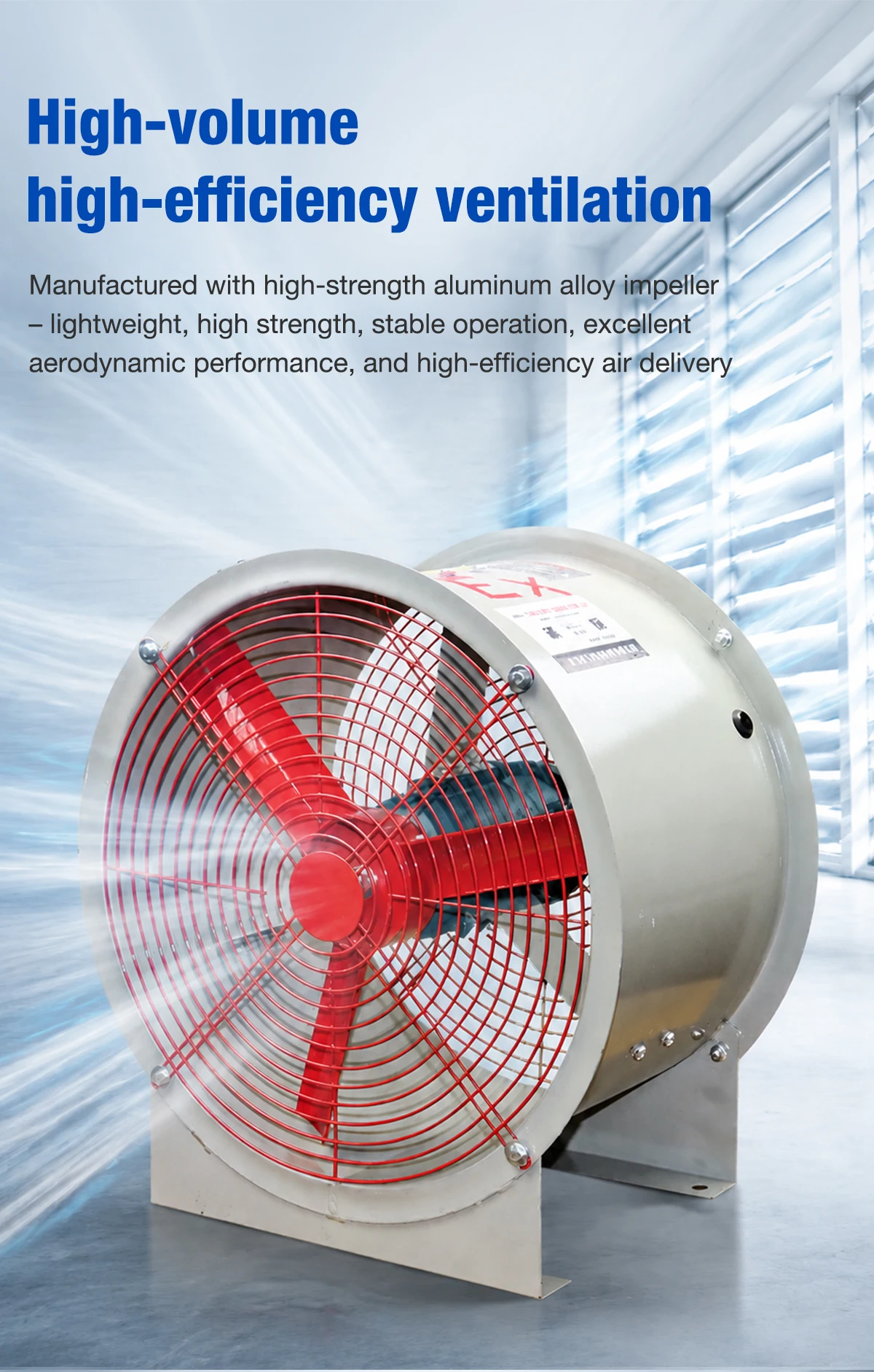 High airflow explosion-proof axial flow fan with red impeller operating inside industrial facility