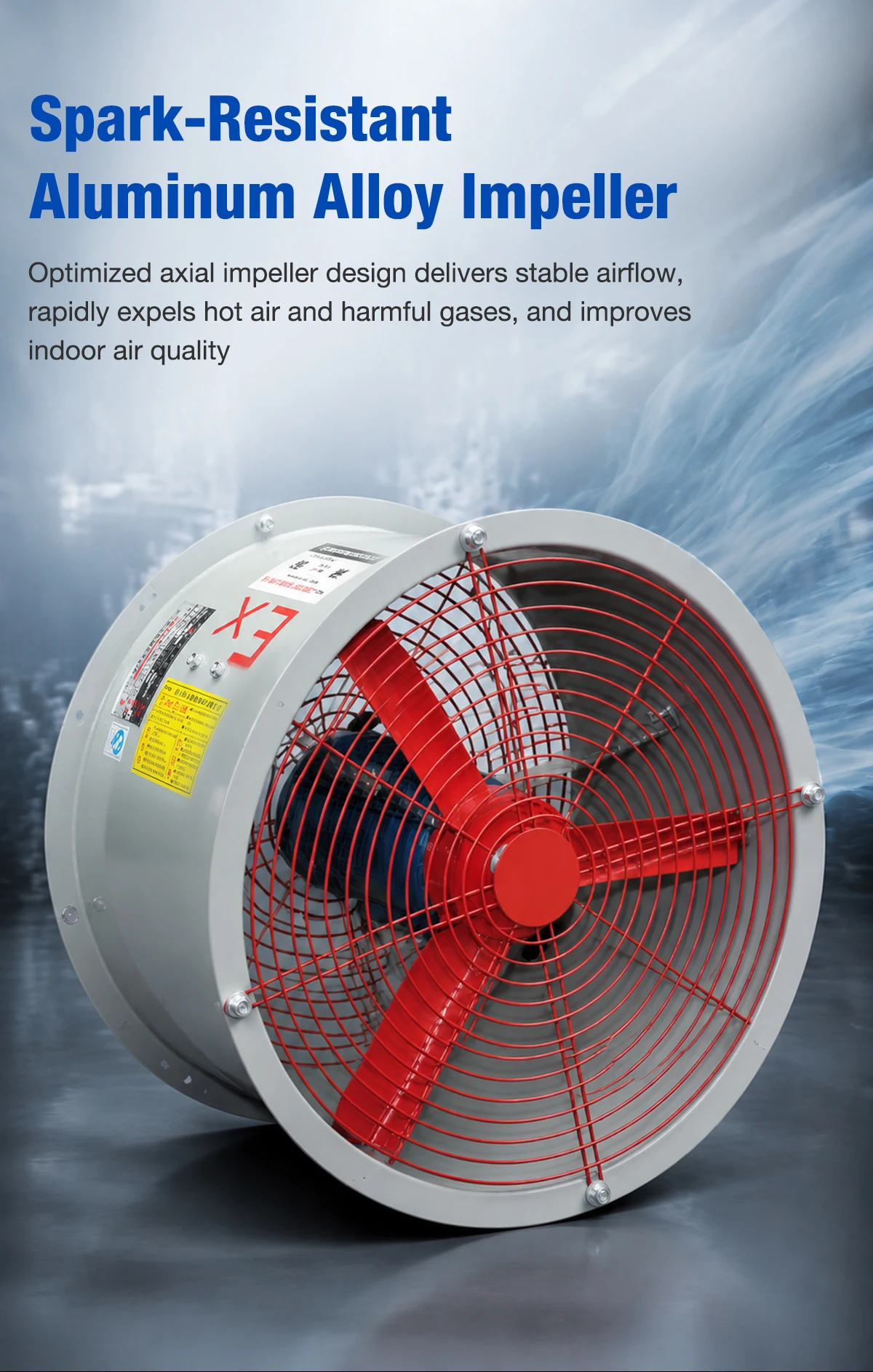 Spark-resistant aluminum alloy explosion-proof axial flow fan impeller with red protective guard mesh