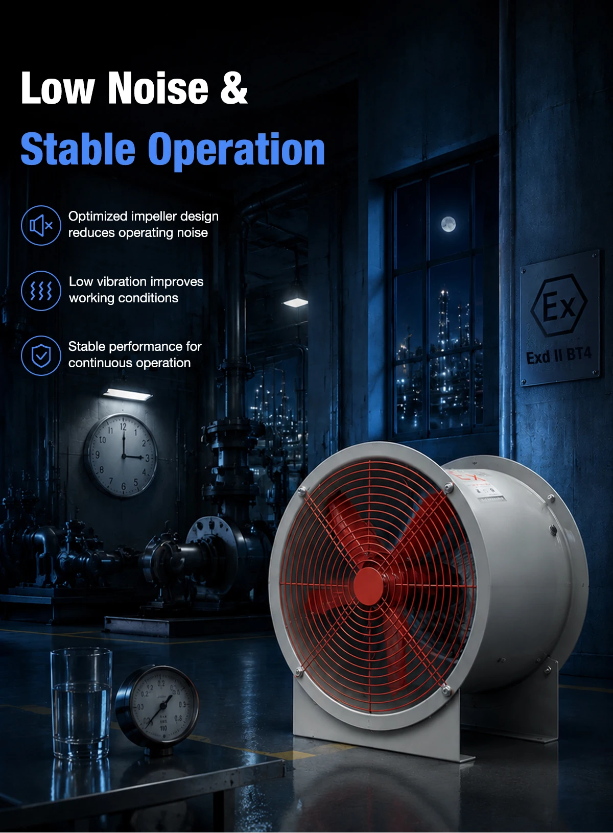 Low-noise explosion-proof axial flow fan installed in hazardous area facility with Ex d IIB T4 marking