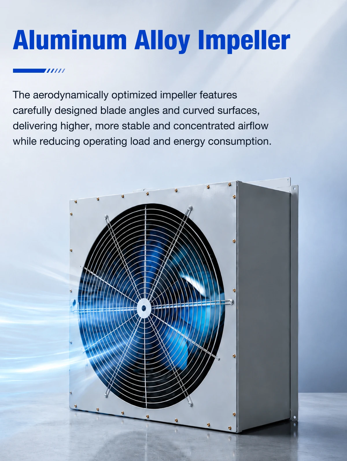 Close-up of LWWAF aluminum alloy impeller with aerodynamic blades spinning behind protective grille