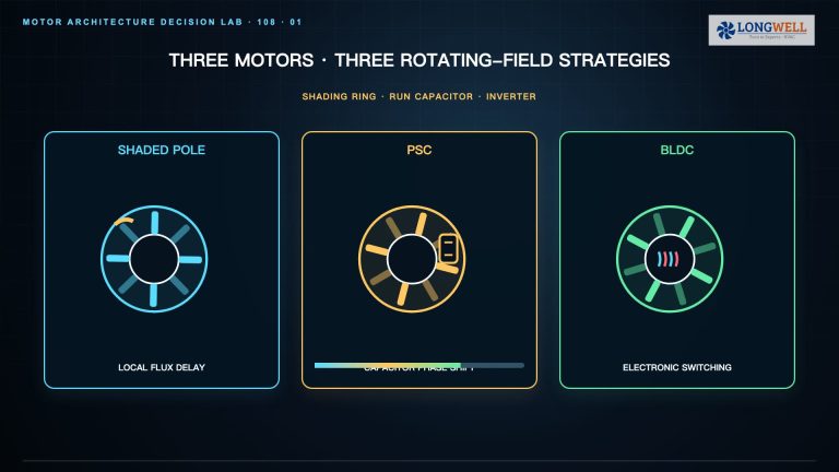 Shaded-pole motors compared with PSC and BLDC fan motors