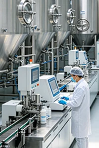 Operator in cleanroom suit monitoring a chemical plant production line
