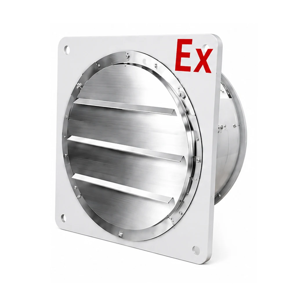 Three installation configurations for EX-WF explosion-proof exhaust fan: round louver, square louver, and wall-mounted types
