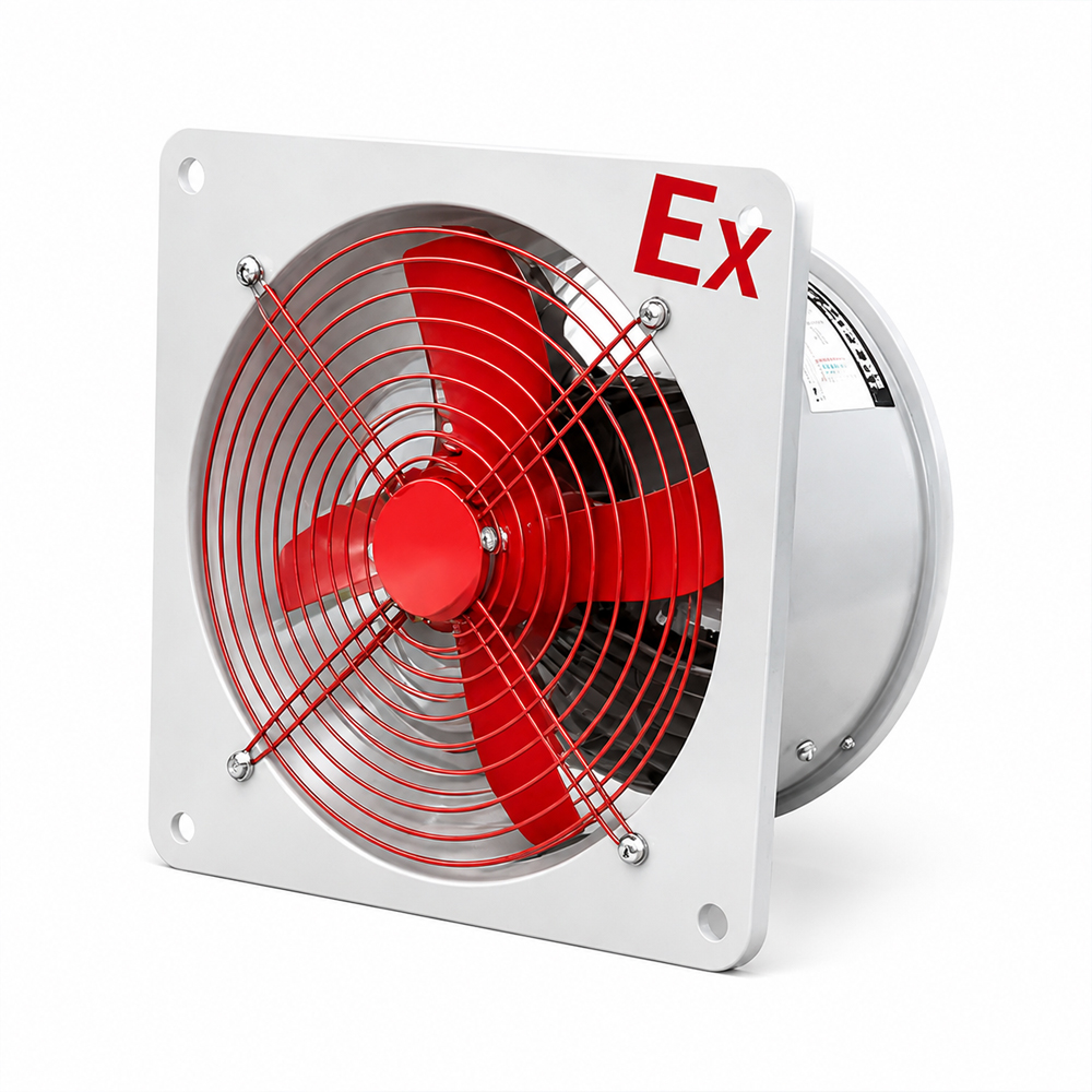 Wall-mounted EX-WF explosion-proof exhaust fan with red aluminum impeller visible through safety guard