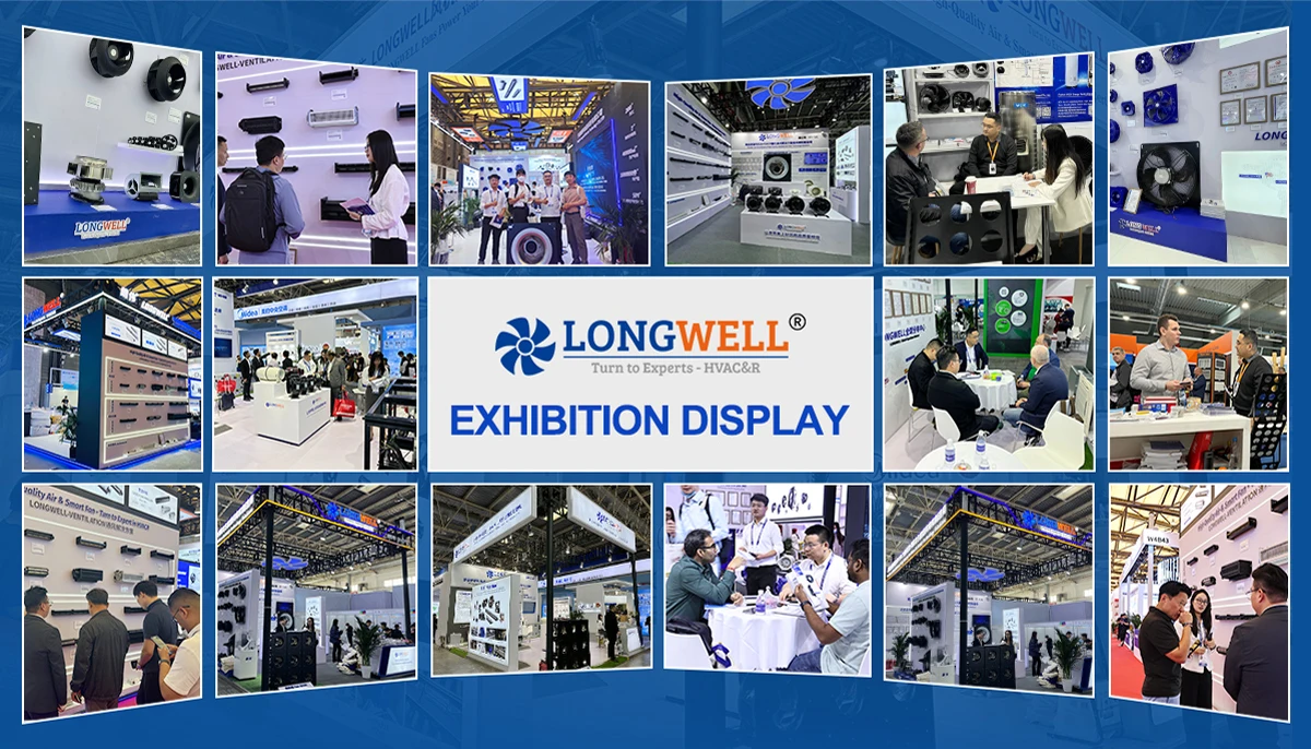 LONGWELL booth at international HVAC trade show displaying complete fan product family