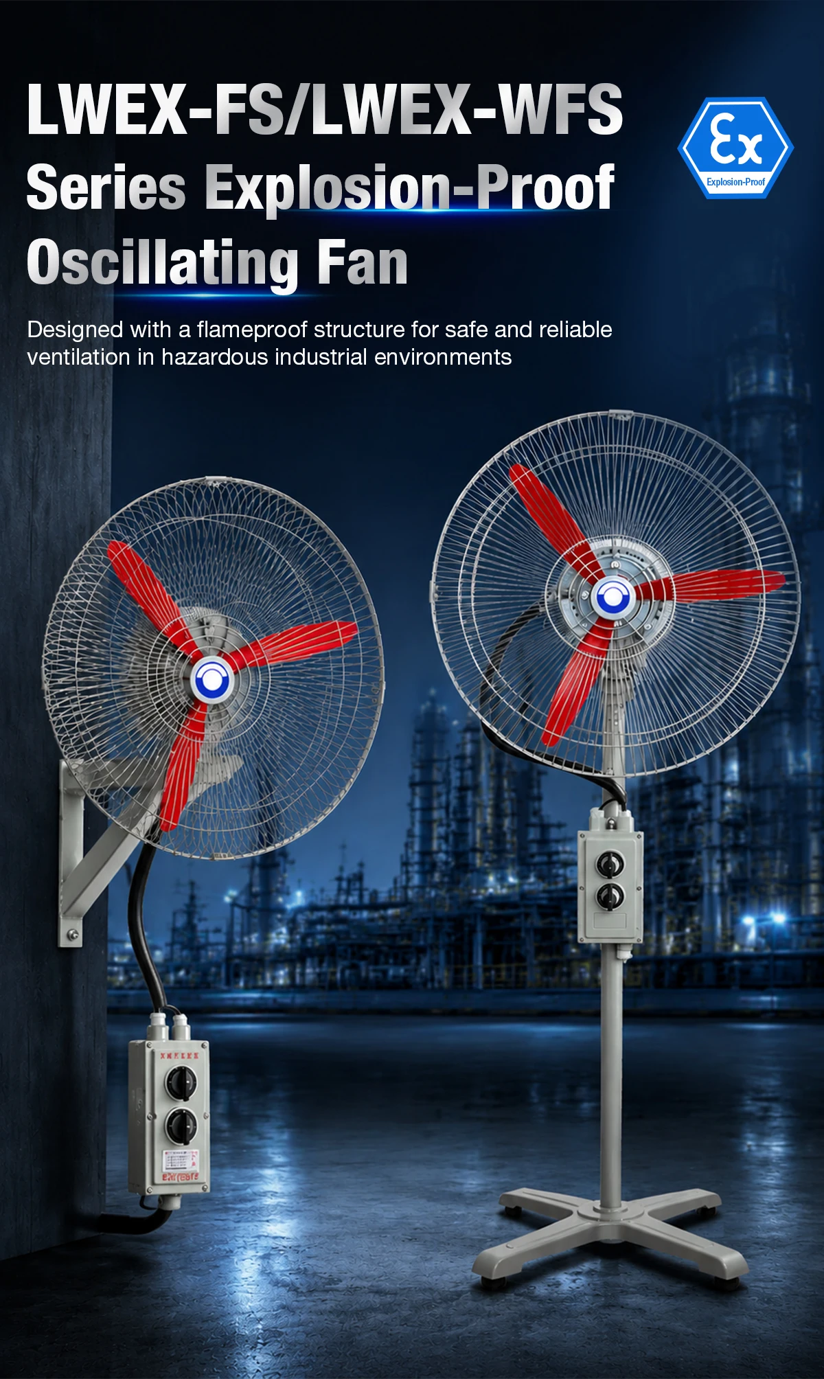 LWEX-FS and LWEX-WFS explosion-proof oscillating fan — wall-mounted and pedestal versions with red aluminum alloy impeller and Ex control box