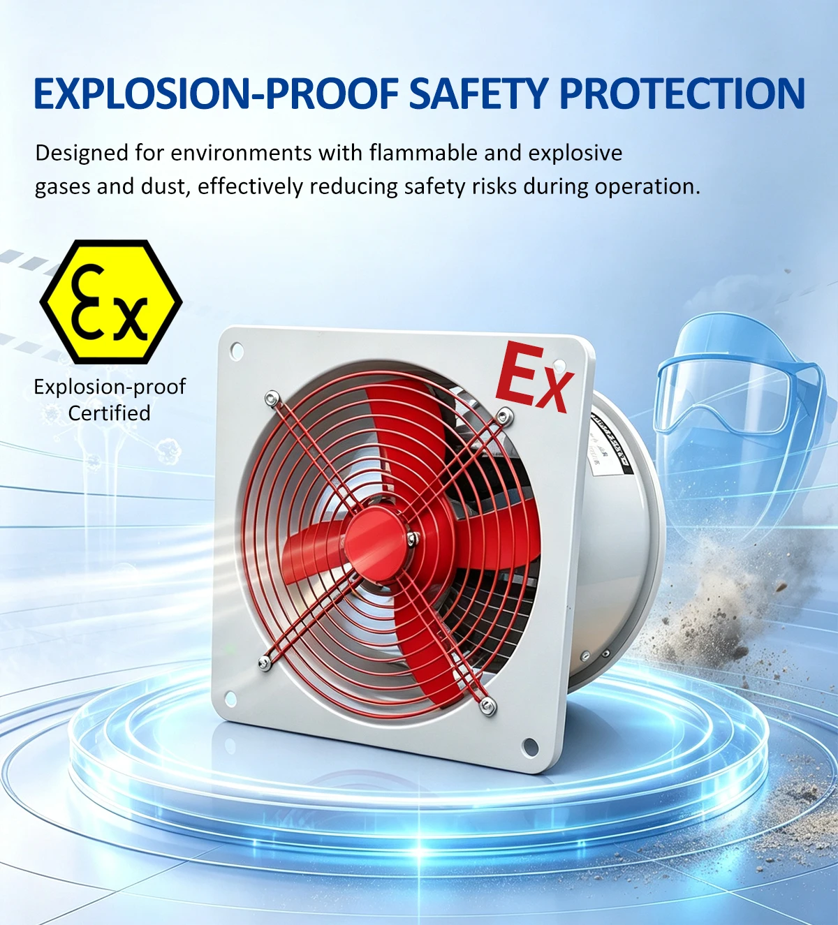EX-WF explosion-proof exhaust fan with official Ex certification mark and protective safety goggles