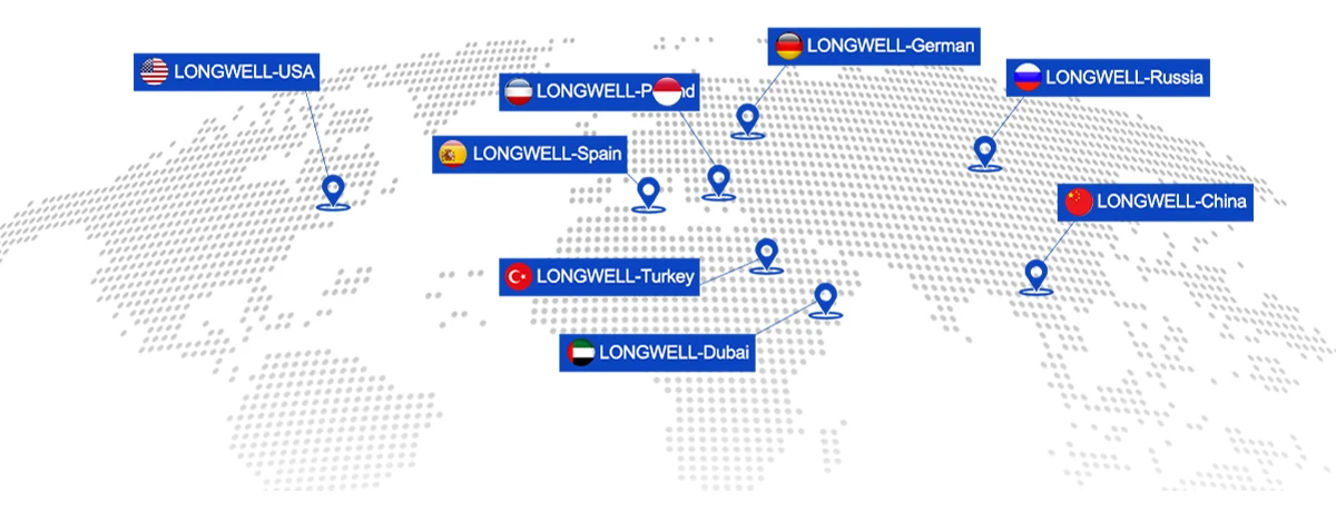 LONGWELL global office locations: USA, Poland, Germany, Russia, China, Spain, Turkey, and Dubai