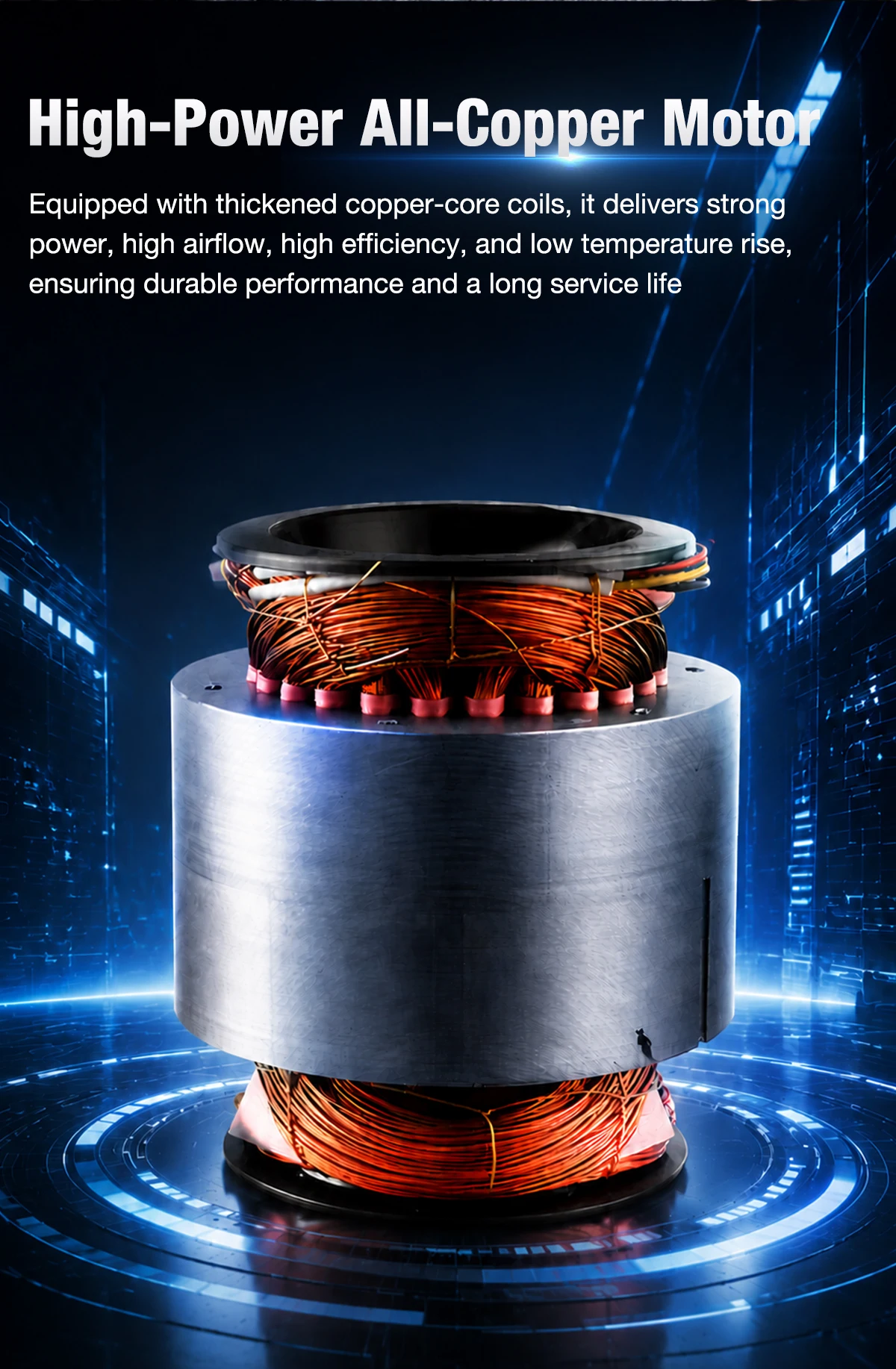 All-copper motor stator with thickened copper-core coils, the power core of the LWSFP fan