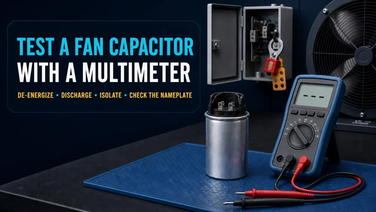 Multimeter used to measure a fan capacitor on the capacitance range